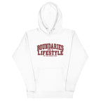 White unisex premium hoodie front view with “Boundaries Are a Lifestyle” text design