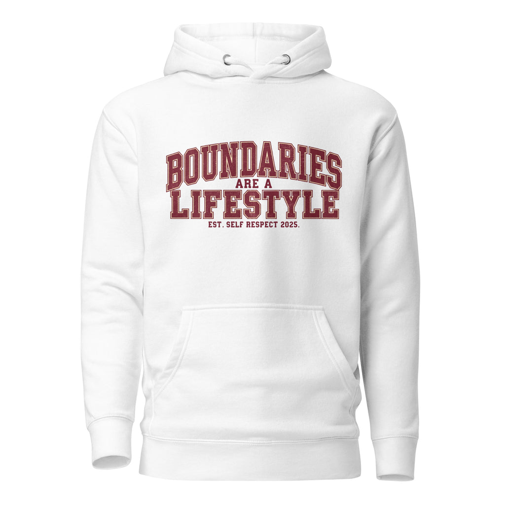 White unisex premium hoodie front view with “Boundaries Are a Lifestyle” text design