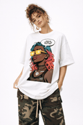 Woman wearing oversized white graphic t-shirt with cyberpunk woman illustration and motivational quote streetwear outfit