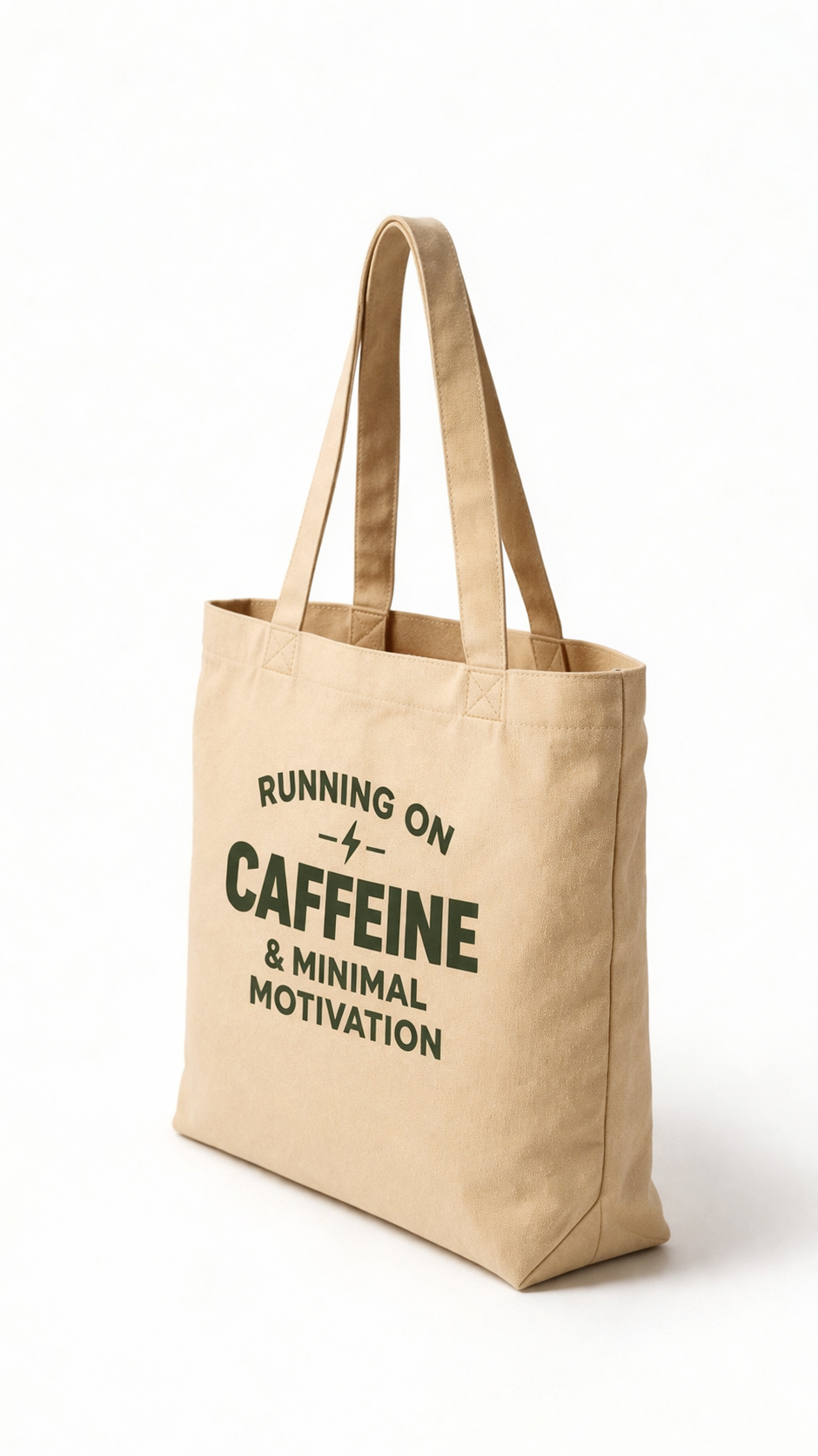 oyster tote bag angled view running on caffeine minimal motivation graphic clean typography eco friendly canvas tote