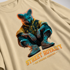 oversized sand beige graphic t shirt close up featuring cyber animal character artwork urban streetwear fashion