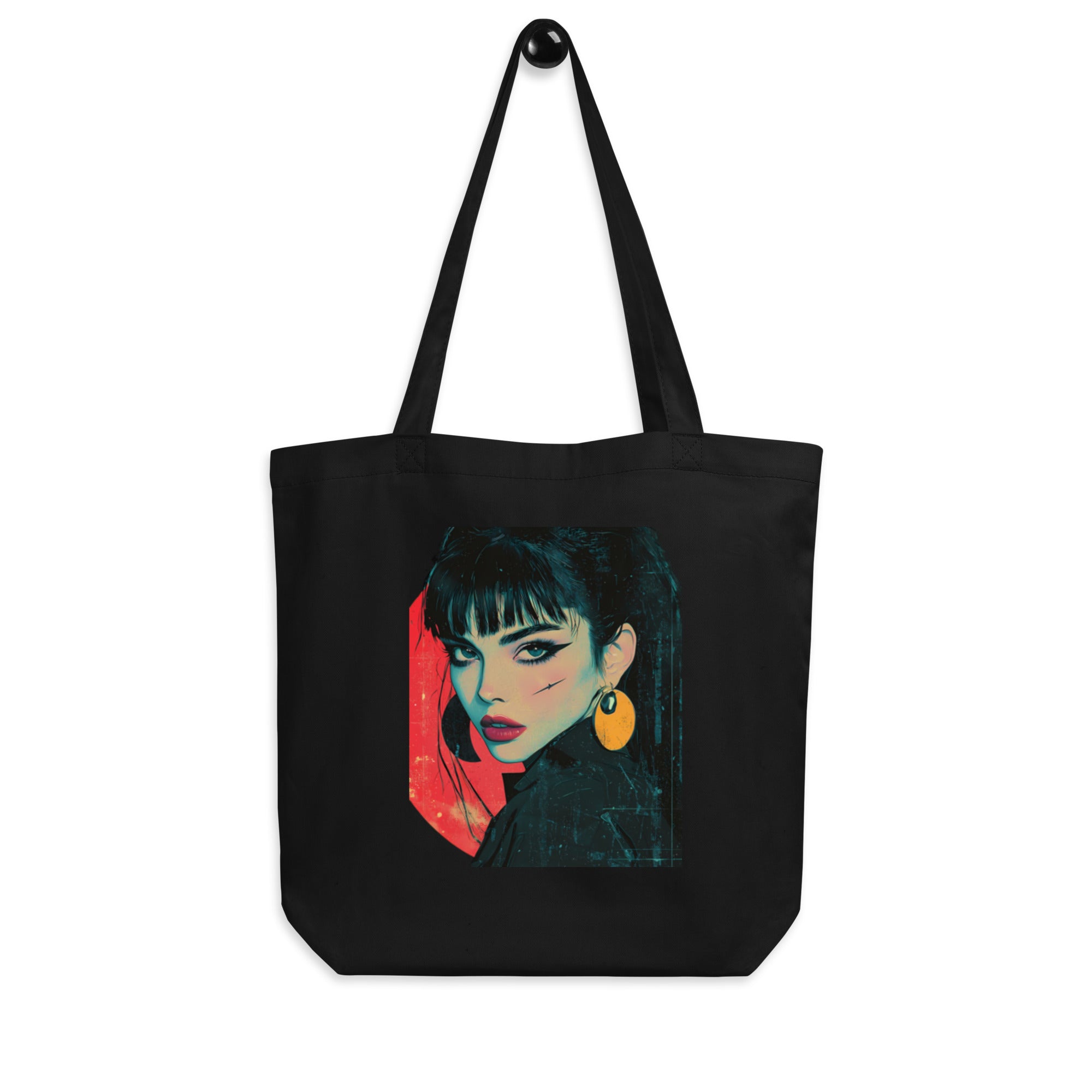 Black canvas tote bag with women’s graphic portrait design, unisex streetwear tote bag front view.