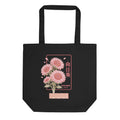 black eco tote bag front product mockup pink sunflower illustration japanese inspired floral graphic reusable canvas shopper bag