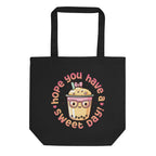 front view black canvas tote bag kawaii bubble tea illustration hope you have a sweet day graphic streetwear