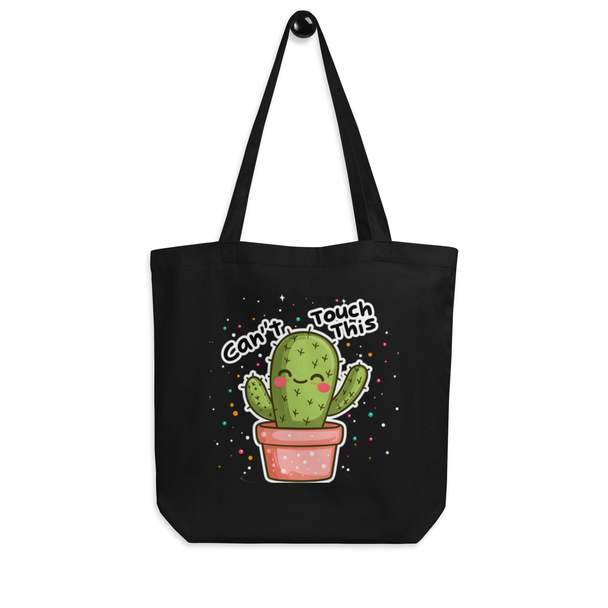 Black Nöiré cactus canvas tote bag, hanging product view