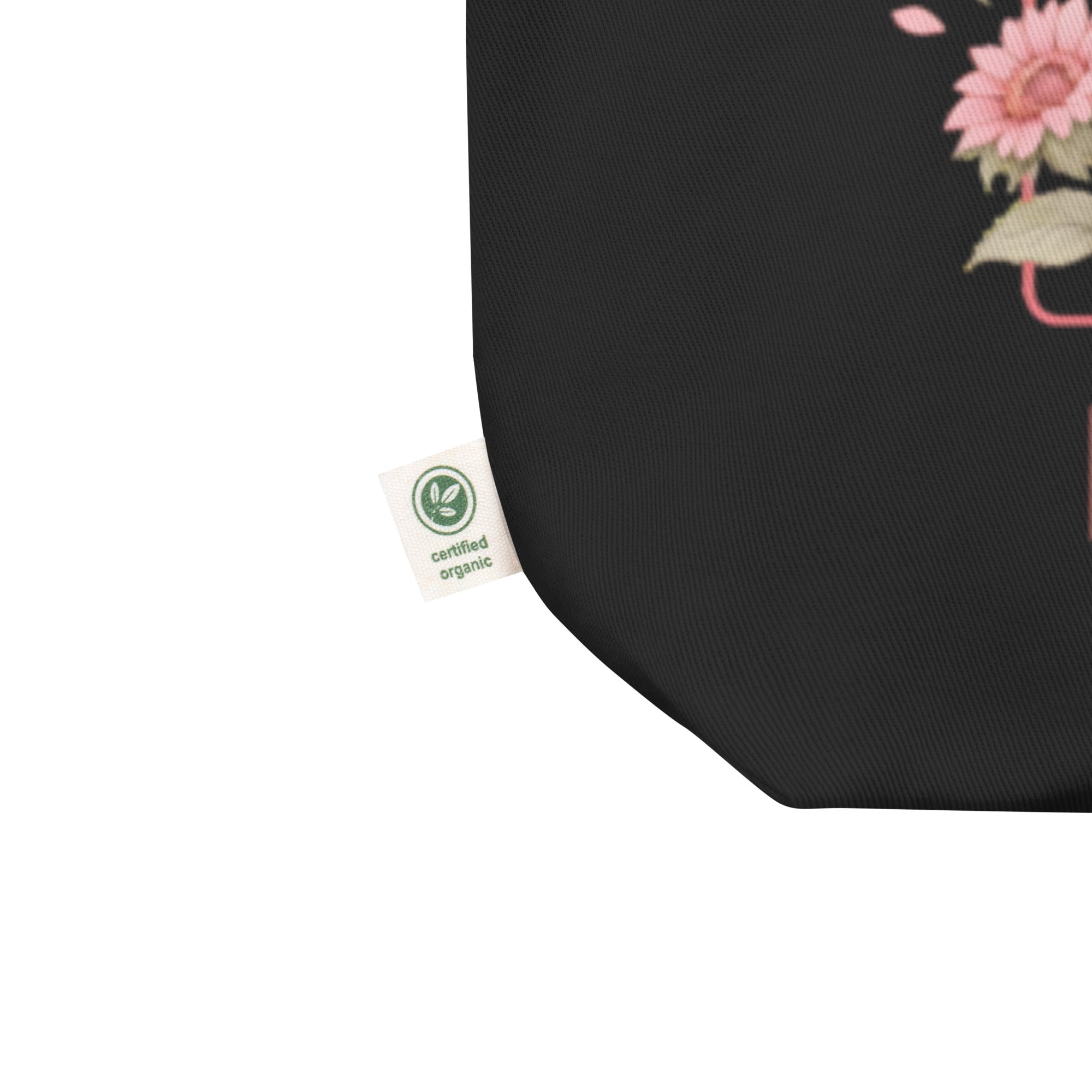 black tote bag close up fabric texture certified organic label eco canvas detail minimal streetwear accessory