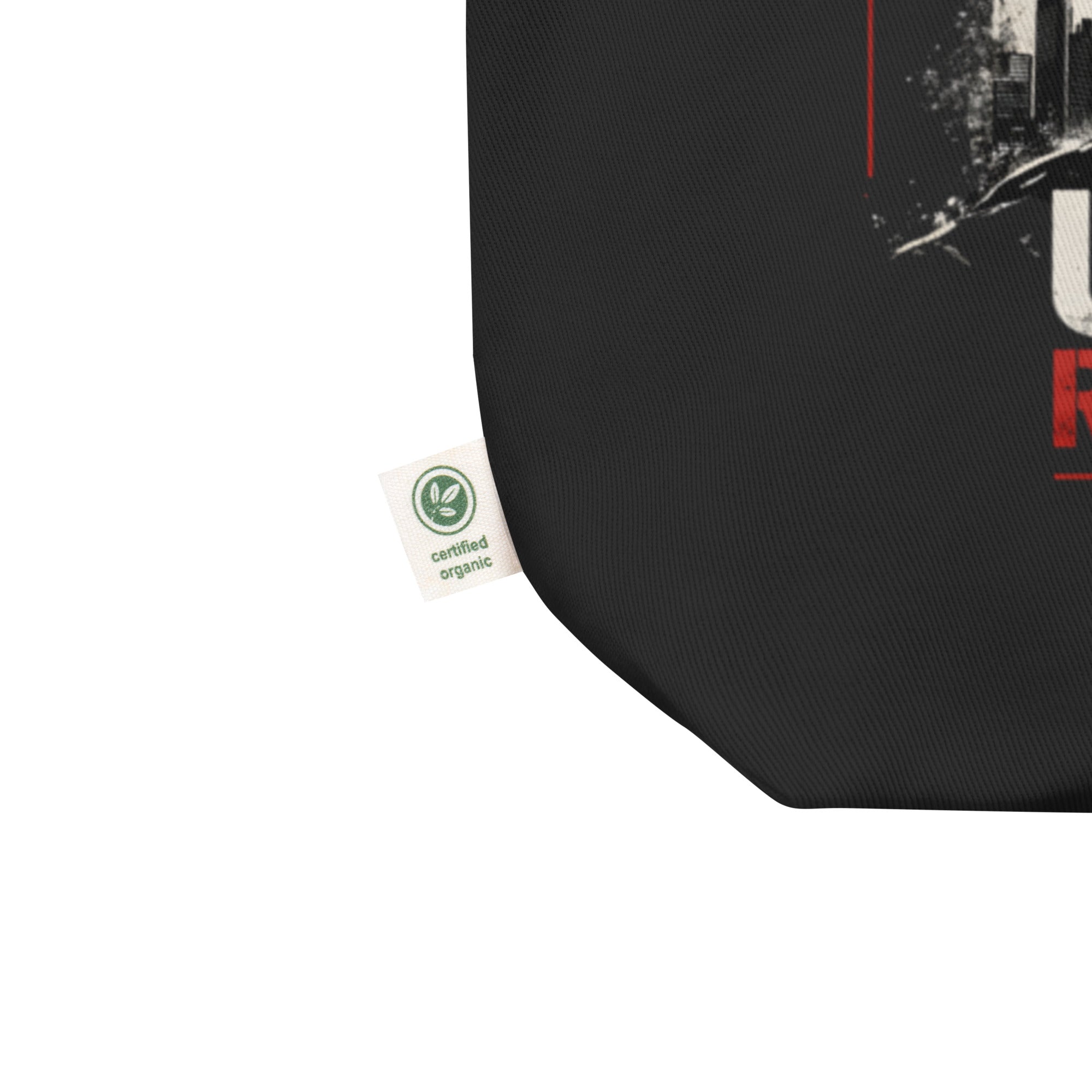black tote bag close up fabric detail urban resistance print certified organic label streetwear accessory