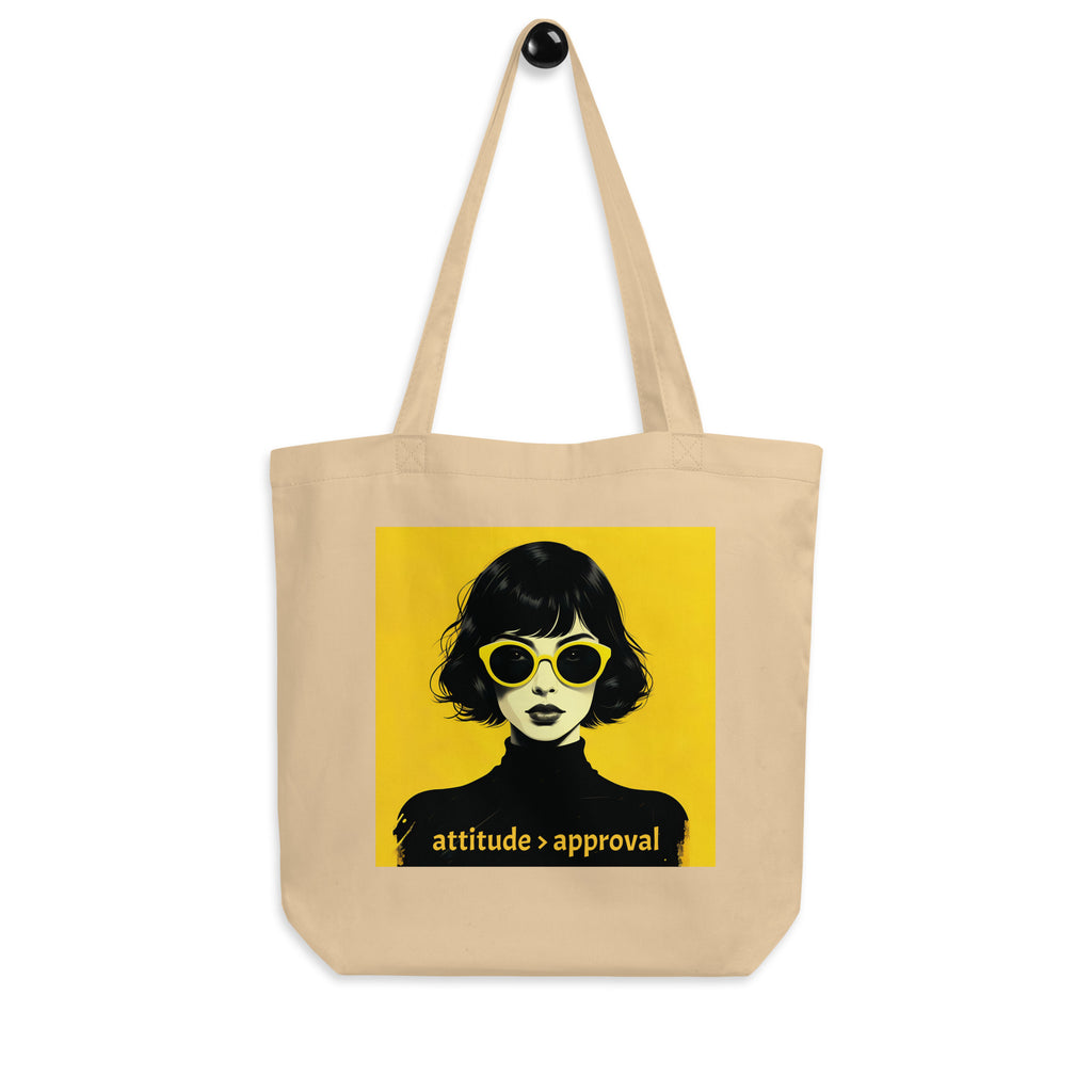 Canvas tote bag Attitude Over Approval beige flat lay front view