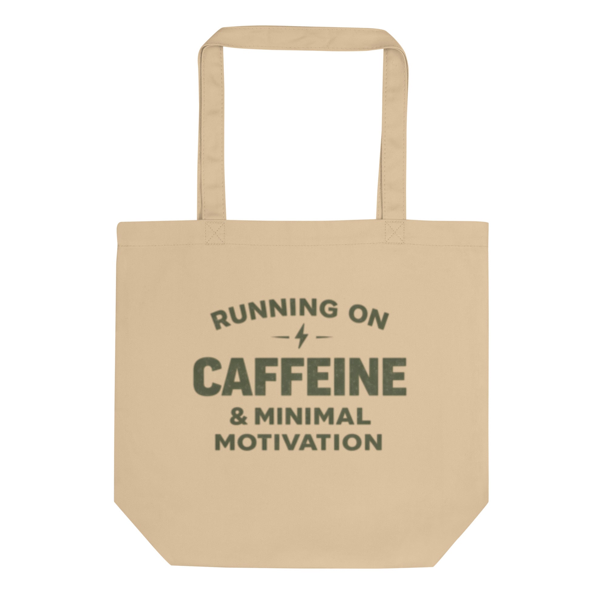 oyster canvas tote bag flat front running on caffeine minimal motivation text design clean aesthetic eco friendly tote bag