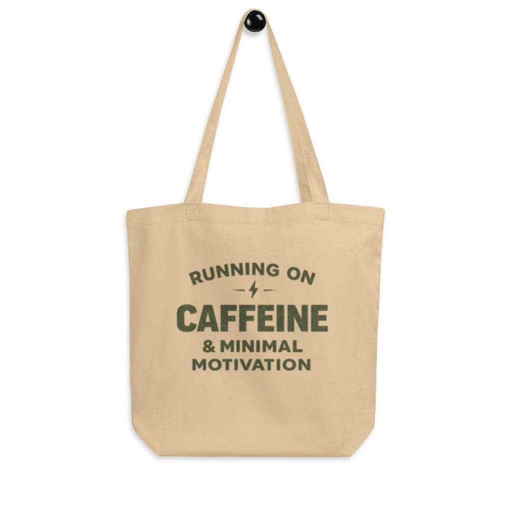 oyster oversized canvas tote bag front view running on caffeine minimal motivation typography minimalist eco streetwear tote