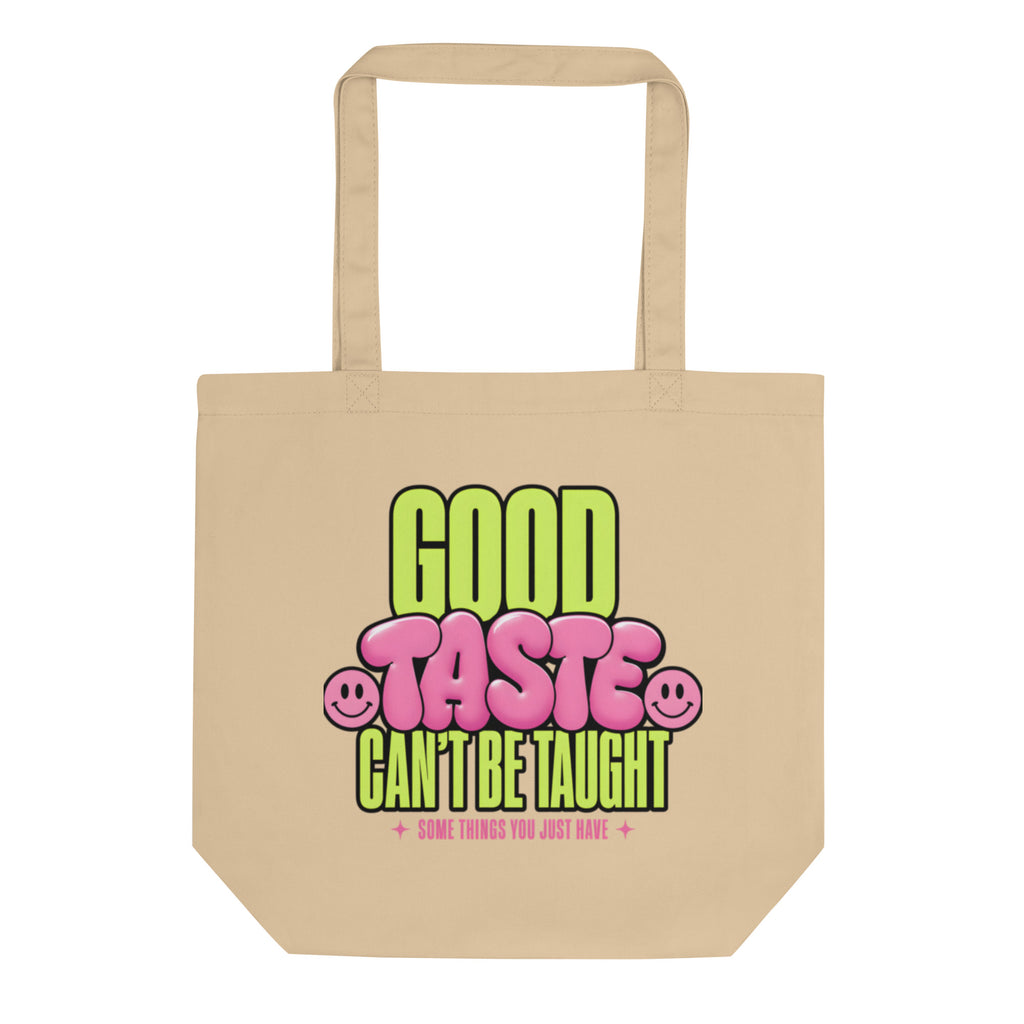 product front view beige tote bag good taste attitude design graphic streetwear