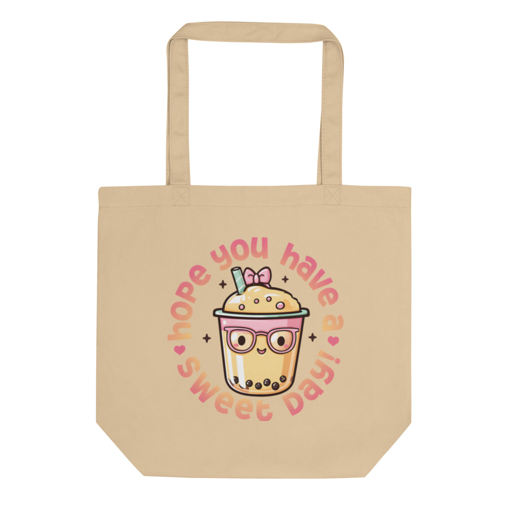 front view beige canvas tote bag kawaii bubble tea illustration hope you have a sweet day graphic streetwear