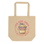 front view beige canvas tote bag kawaii bubble tea illustration hope you have a sweet day graphic streetwear