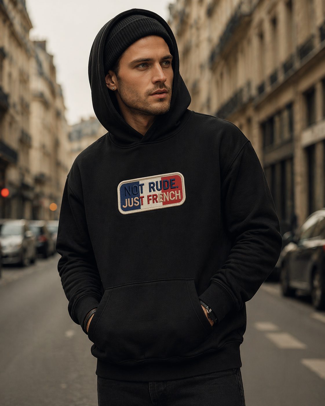 front view model wearing oversized black hoodie urban street paris graphic streetwear