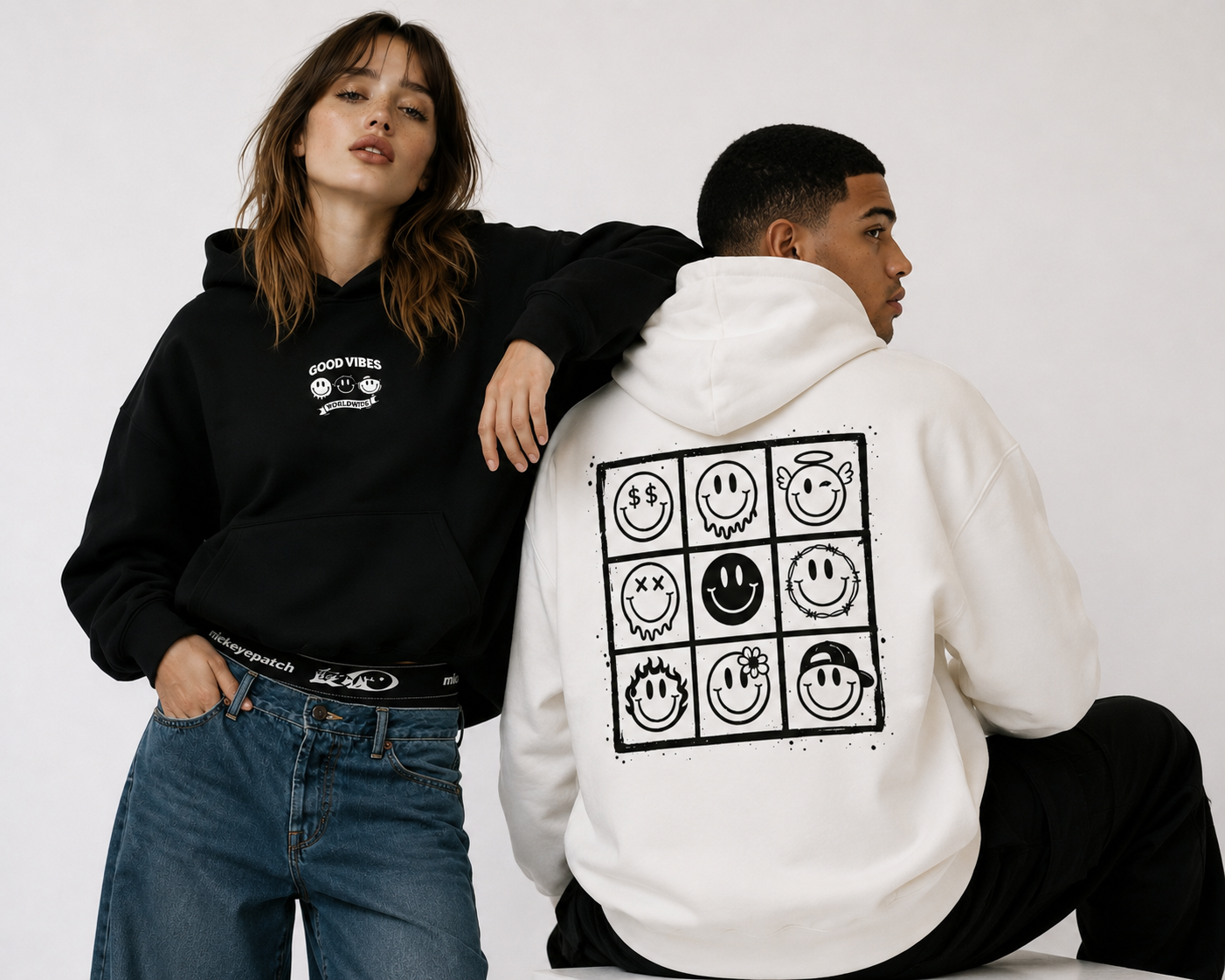 female model leaning pose wearing black cropped graphic hoodie while male model seated back view wearing oversized cream hoodie with smiley artwork streetwear fashion