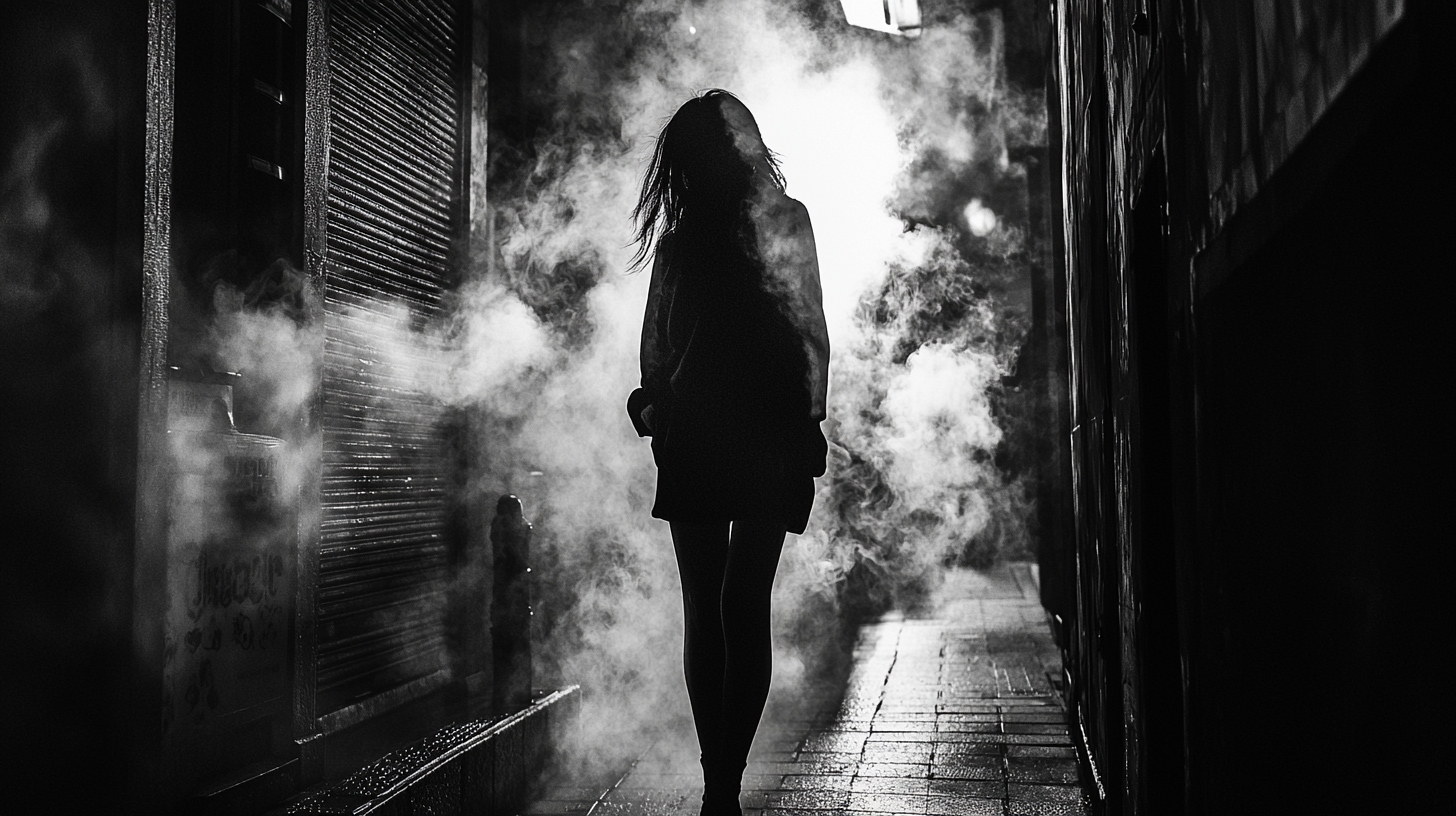 Editorial streetwear photography featuring female silhouette walking through smoky urban alley, minimalist urban fashion concept.
