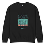 Black oversized women’s sweatshirt flat lay with bold “Social Mode Off – Currently Avoiding Stupid People” front print, modern streetwear crewneck product image.