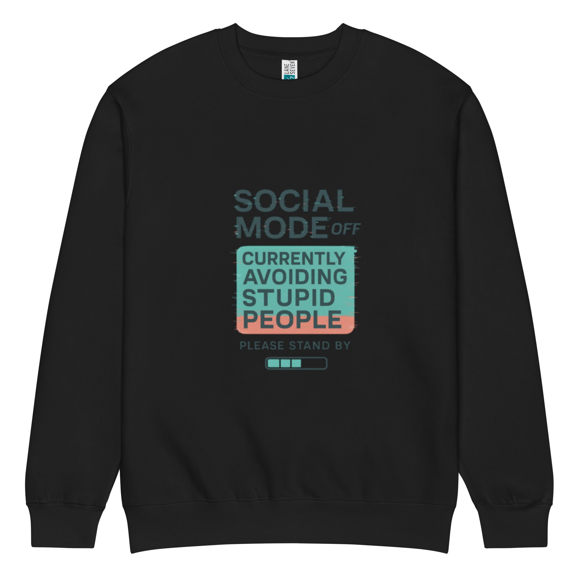Black oversized women’s sweatshirt flat lay with bold “Social Mode Off – Currently Avoiding Stupid People” front print, modern streetwear crewneck product image.