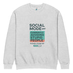 Heather grey oversized women’s crewneck sweatshirt flat lay featuring “Social Mode Off” typography graphic on front, casual streetwear sweater product photo.