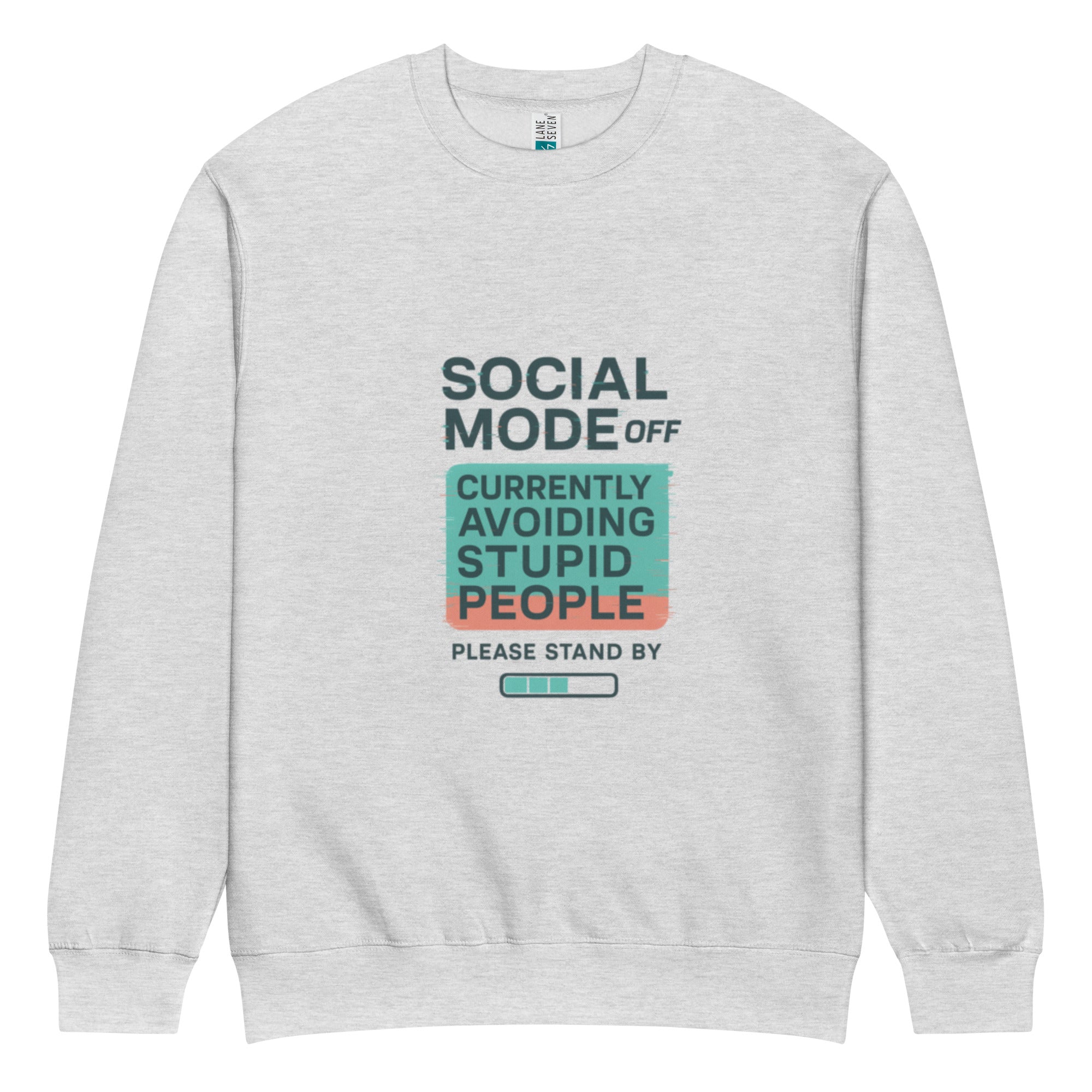 Heather grey oversized women’s crewneck sweatshirt flat lay featuring “Social Mode Off” typography graphic on front, casual streetwear sweater product photo.