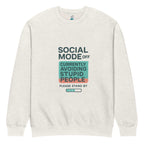 Oatmeal heather oversized women’s crewneck sweatshirt flat lay with “Social Mode Off” statement graphic on front, urban streetwear sweater product photo.