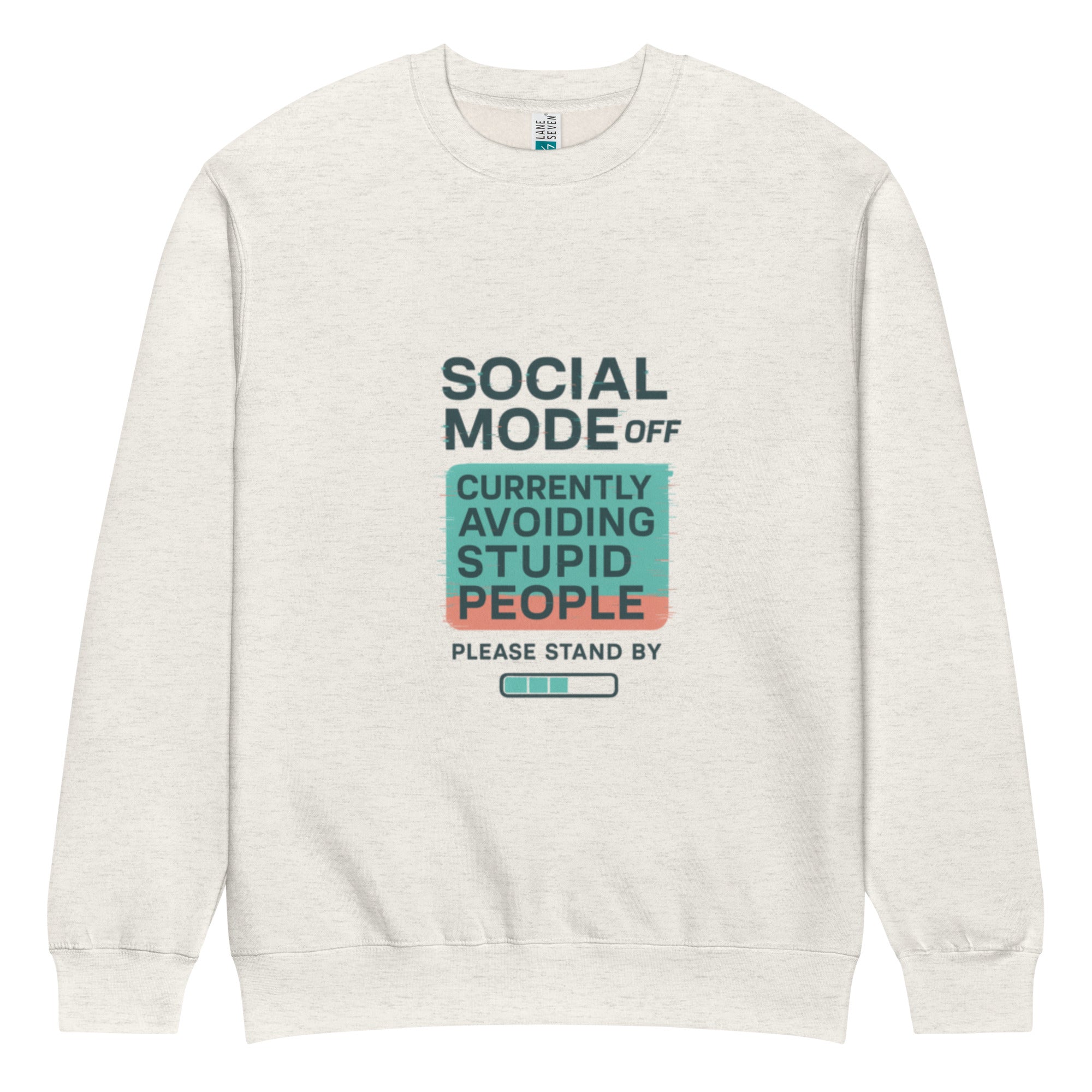 Oatmeal heather oversized women’s crewneck sweatshirt flat lay with “Social Mode Off” statement graphic on front, urban streetwear sweater product photo.