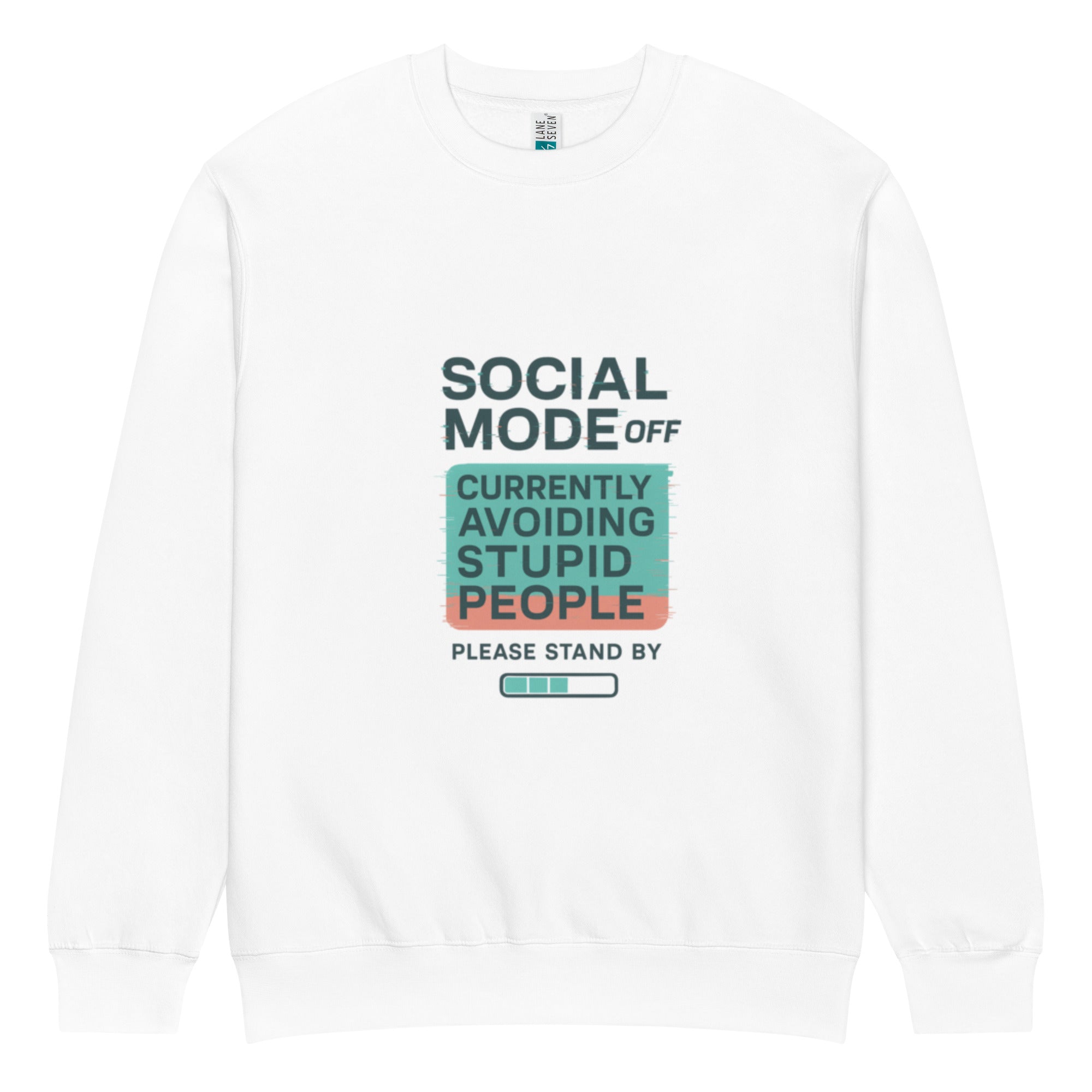 White oversized women’s sweatshirt flat lay with “Social Mode Off – Currently Avoiding Stupid People – Please Stand By” front graphic print, statement streetwear crewneck product image.