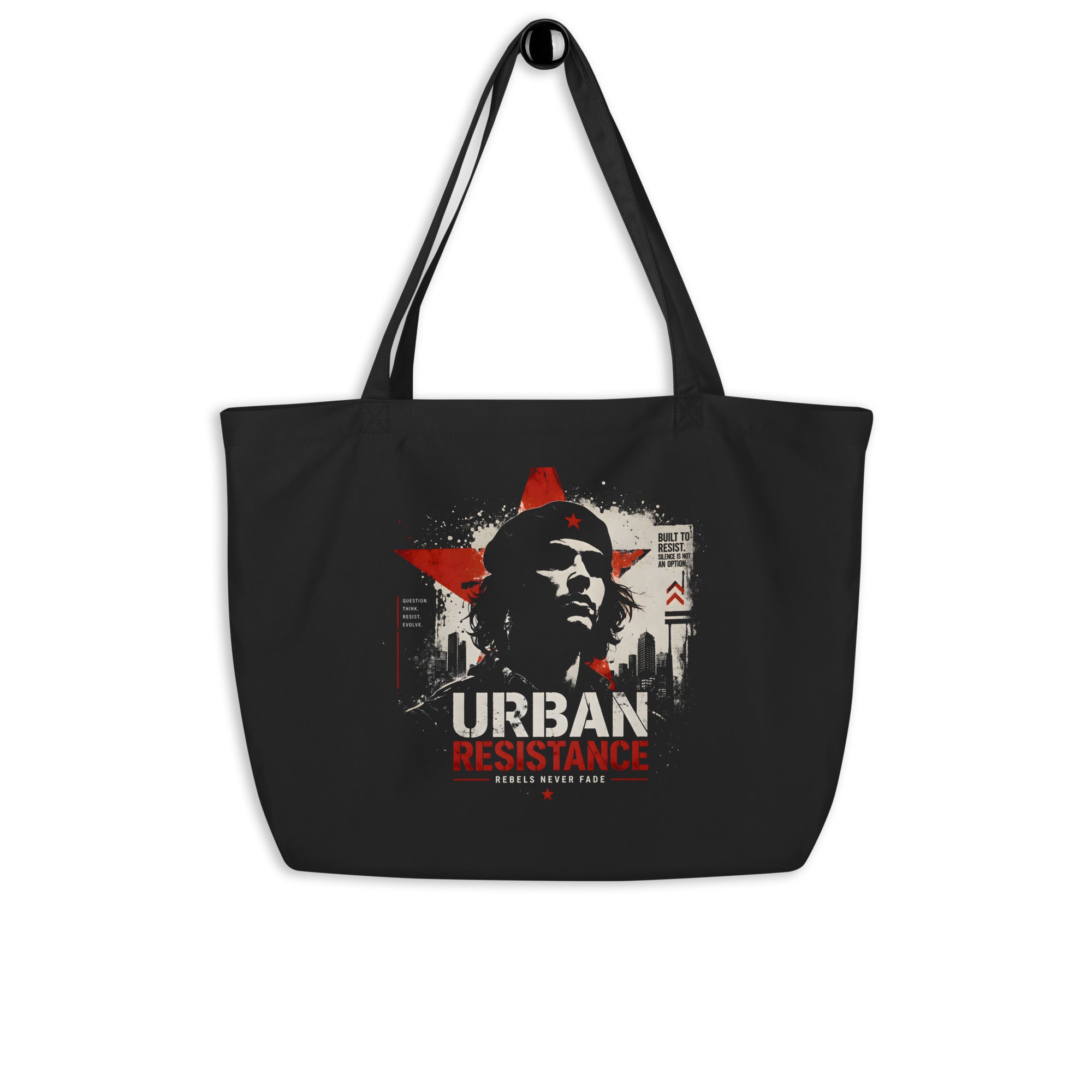 black oversized tote bag back view urban resistance graphic design streetwear fashion accessory