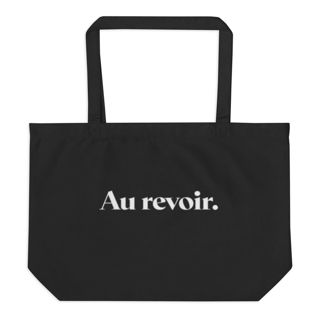 product front view black tote bag au revoir typography design streetwear fashion