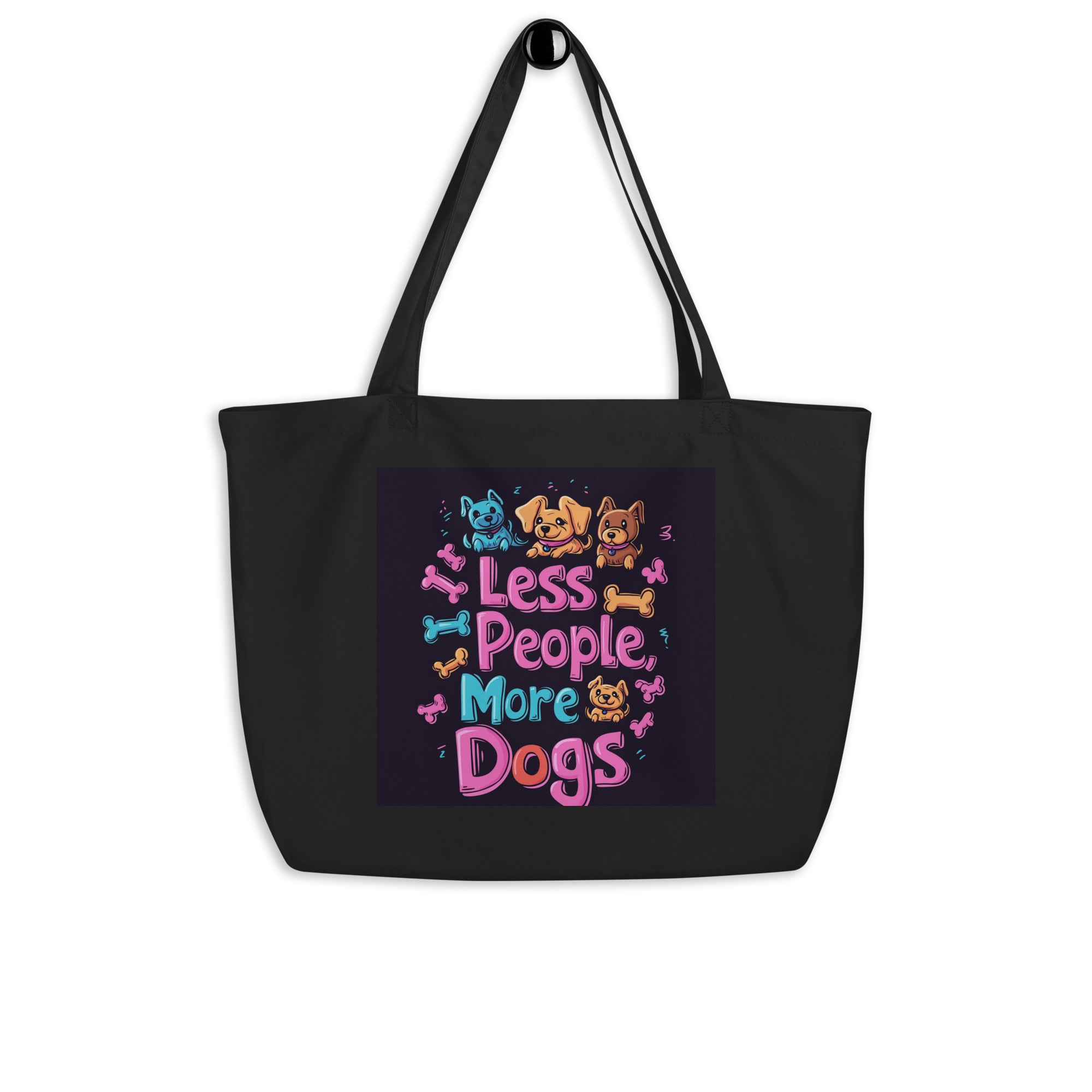 Black canvas tote bag with “Less People More Dogs” graphic print, reusable eco-friendly shopper bag with colorful dog illustration