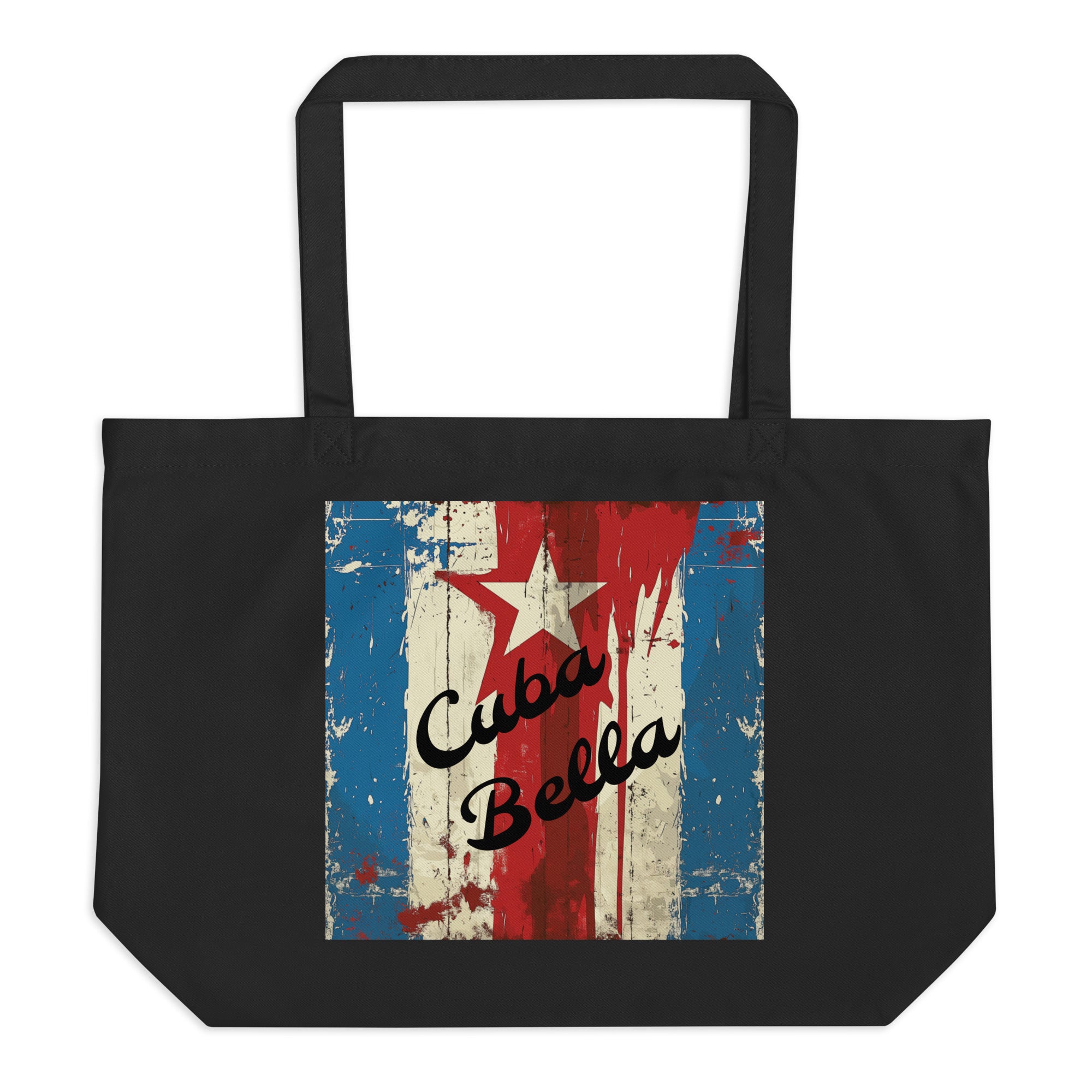 Cuba Bella canvas tote bag Cuban flag design black front view