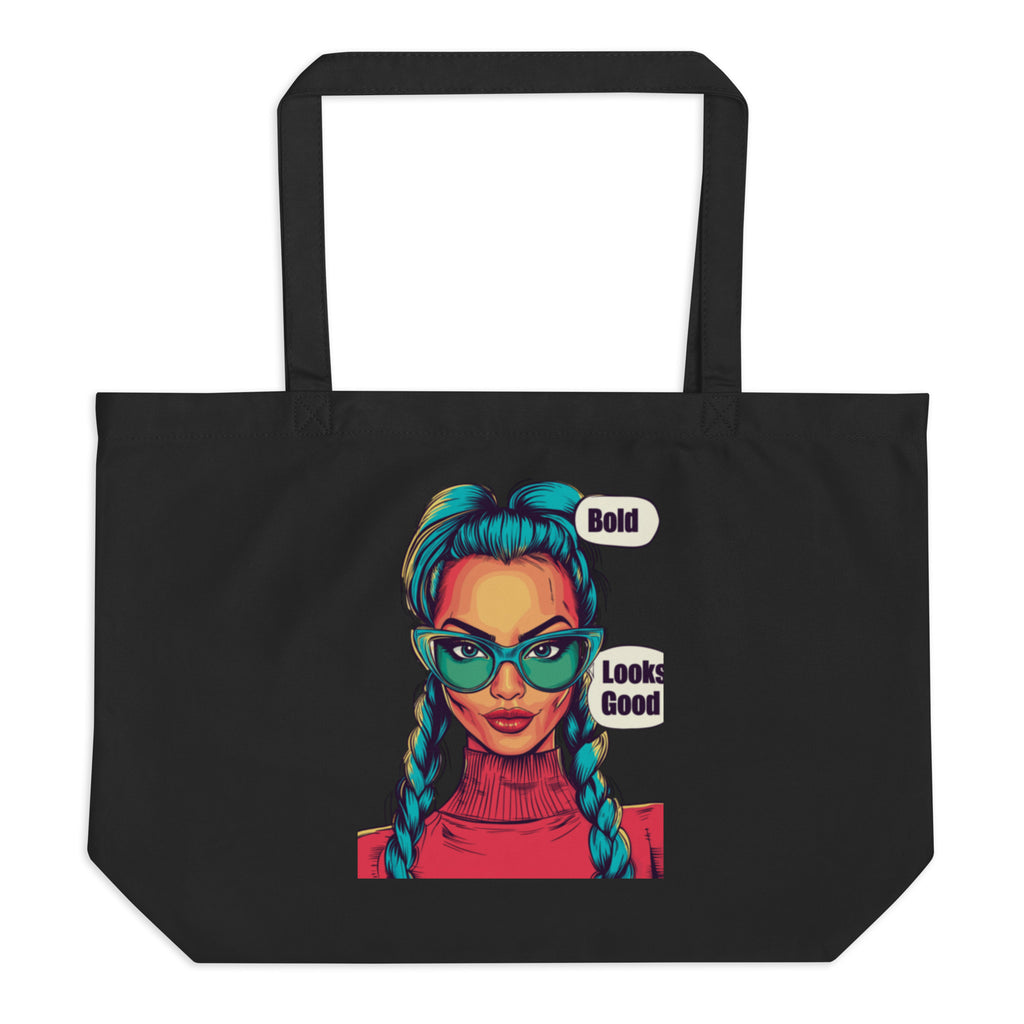 Black canvas tote bag with colorful female portrait graphic and “Bold Looks Good” text, unisex streetwear tote bag front view.