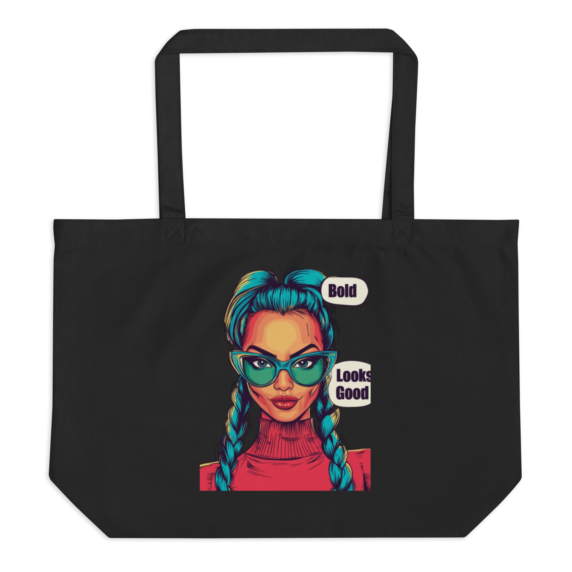 Black canvas tote bag with colorful female portrait graphic and “Bold Looks Good” text, unisex streetwear tote bag front view.