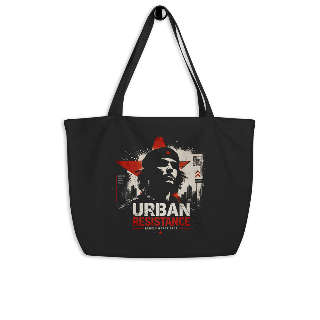 black oversized tote bag front view urban resistance graphic design streetwear fashion accessory