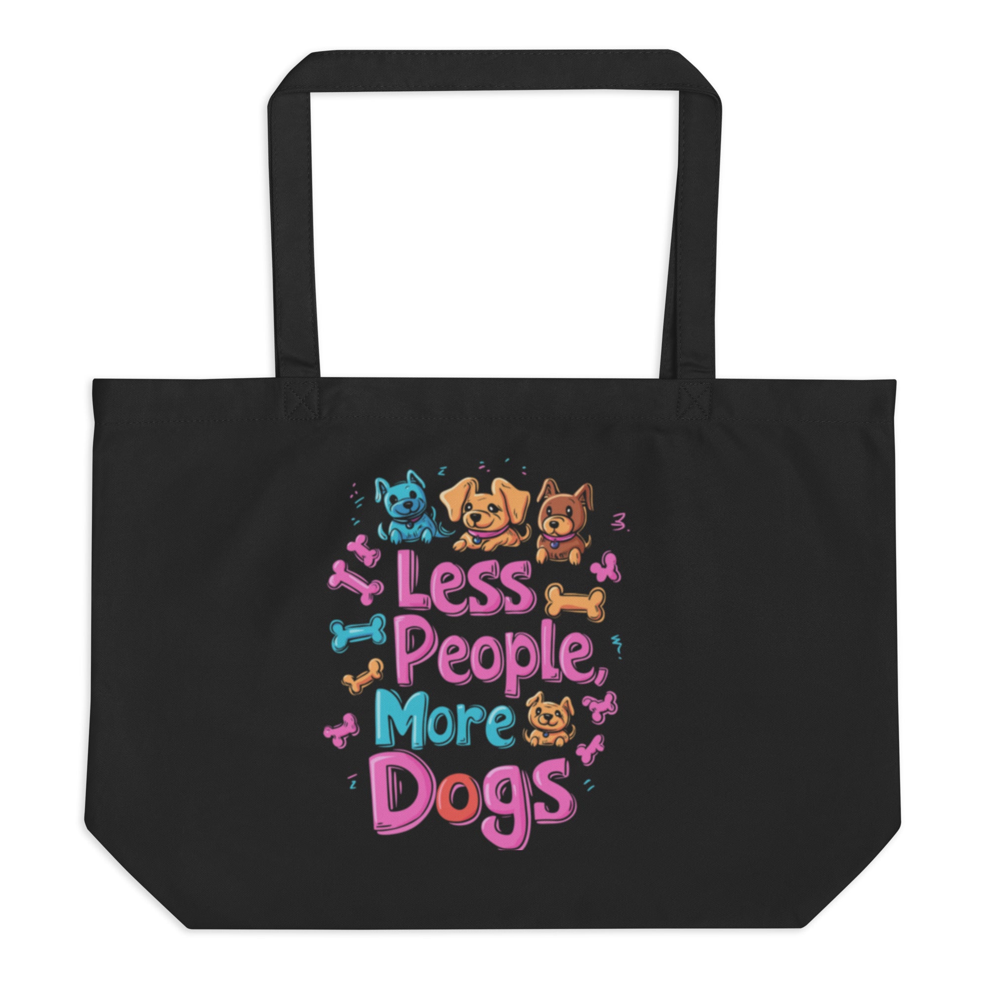 black oversized tote bag front view less people more dogs graphic colorful cartoon dogs streetwear accessory