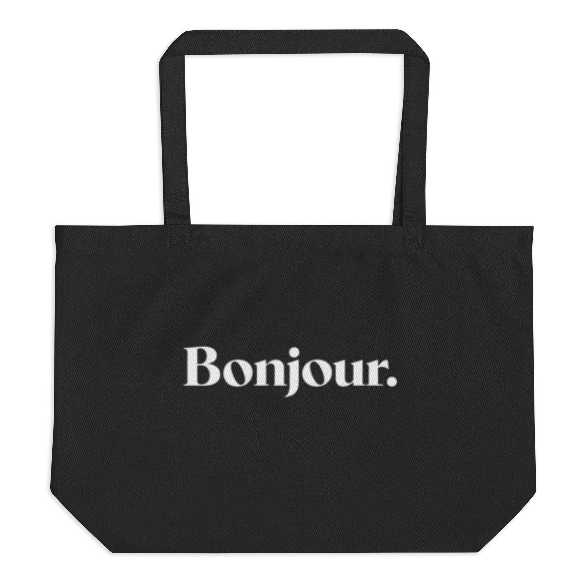 product front view black tote bag bonjour typography design streetwear fashion