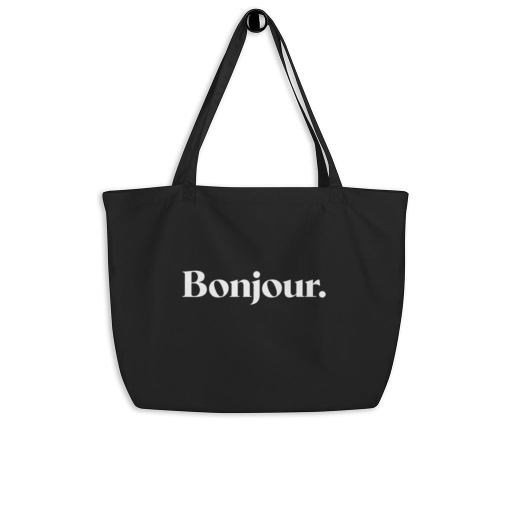 product hanging black tote bag bonjour typography design streetwear fashion