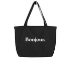 product hanging black tote bag bonjour typography design streetwear fashion