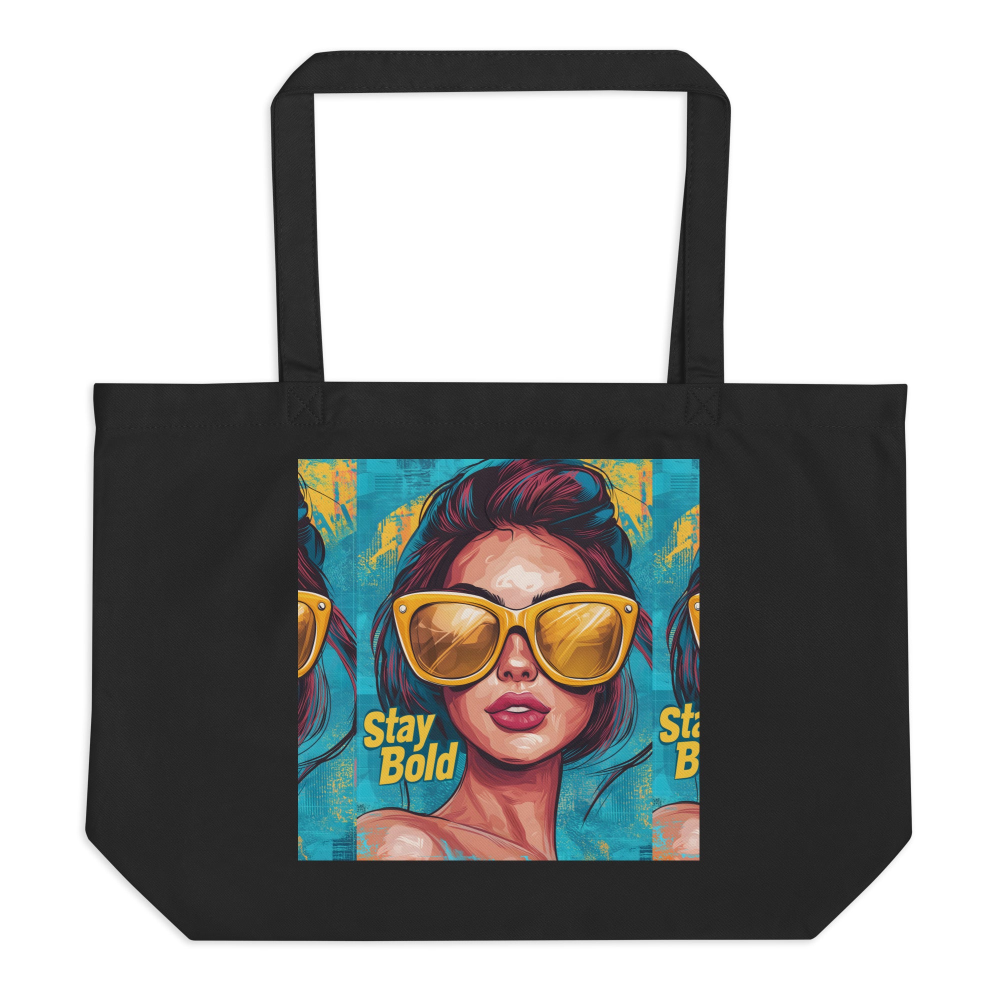 product front view black tote bag stay bold pop art woman graphic design streetwear fashion