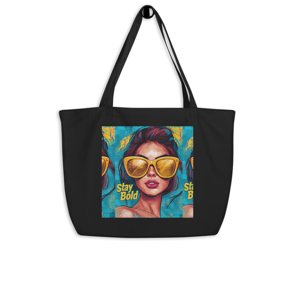 product hanging black tote bag stay bold pop art woman graphic design streetwear fashion