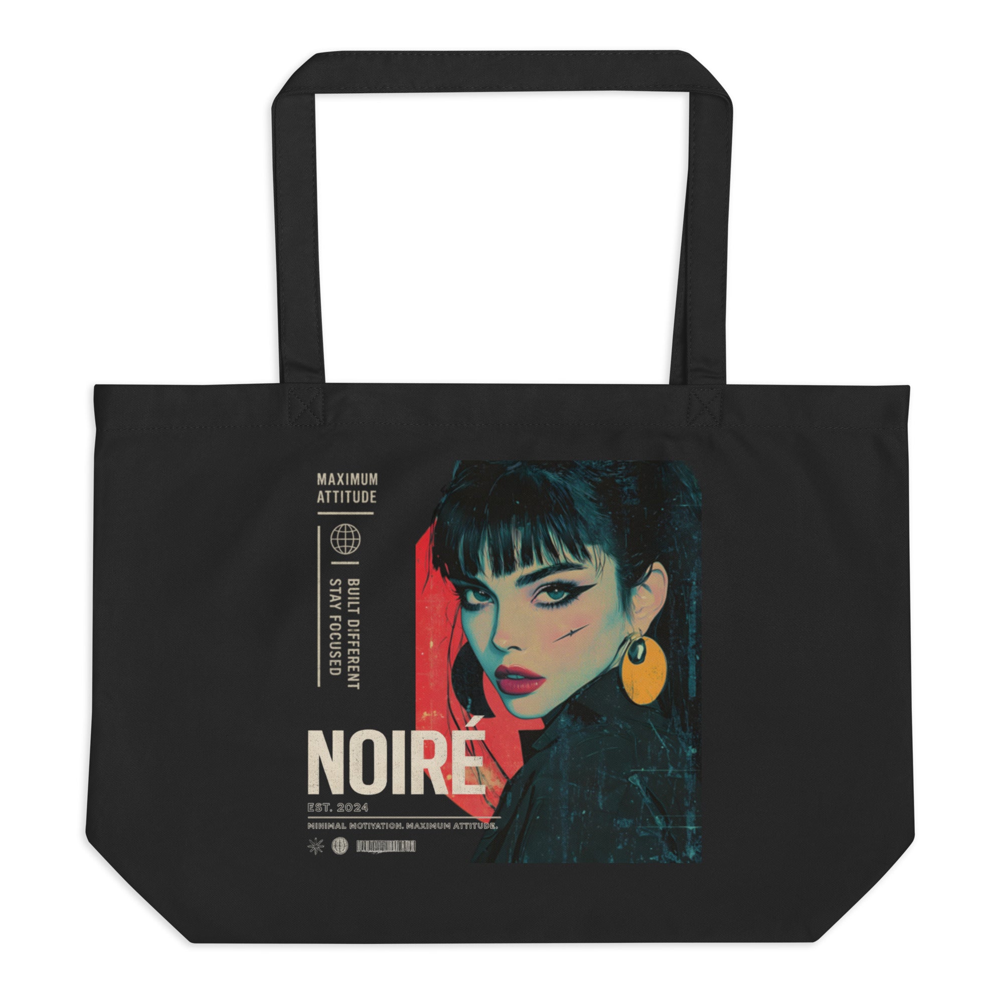 product flat front view black tote bag anime noiré design graphic streetwear