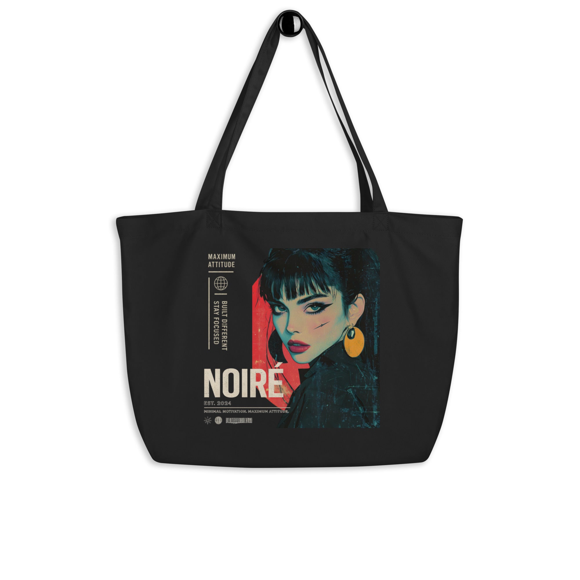 product front view black tote bag anime noiré design graphic streetwear