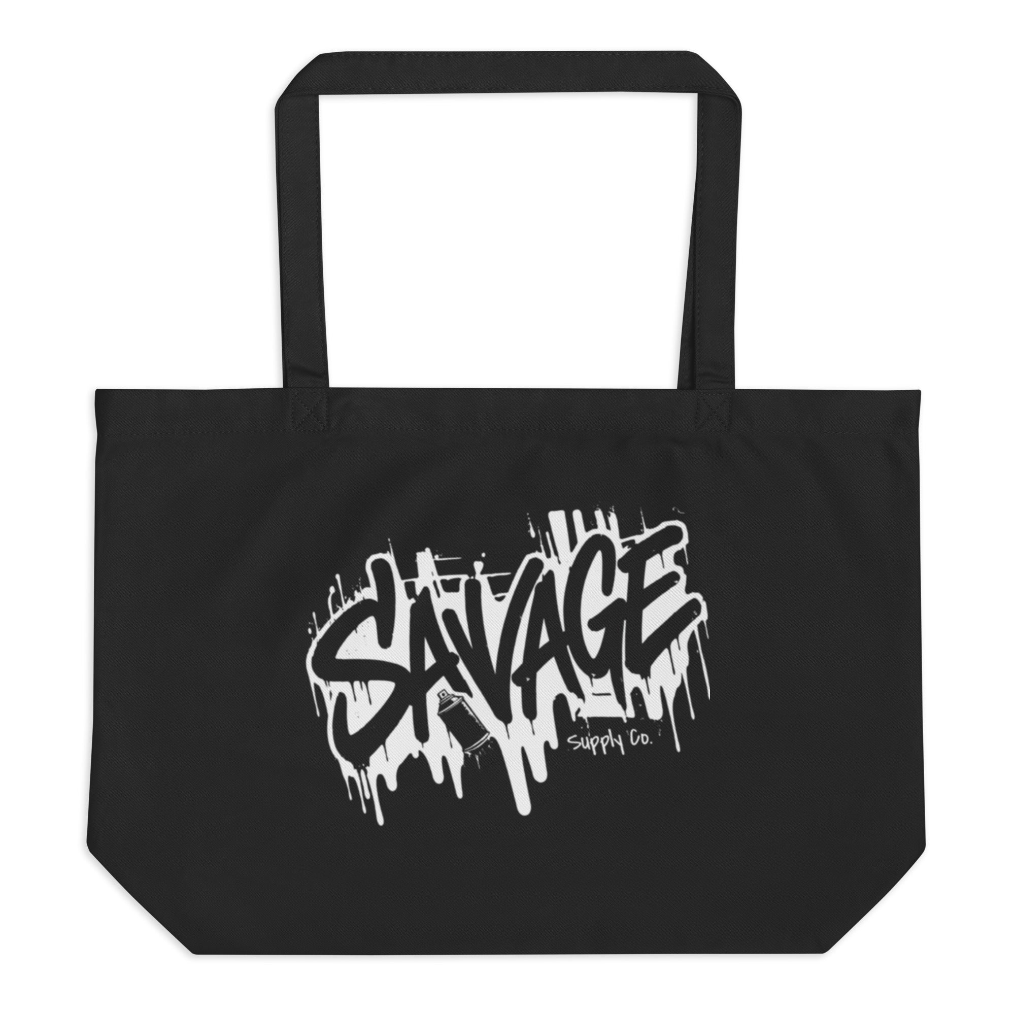 product front view black tote bag savage logo centered graphic streetwear