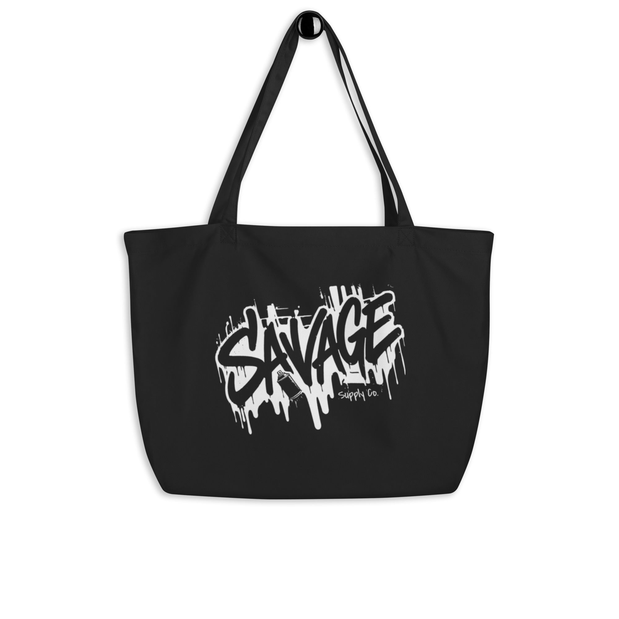 product front view black tote bag fabric detail savage graphic streetwear