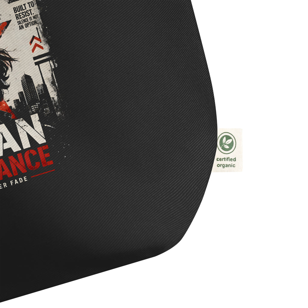 black tote bag close up fabric detail urban resistance print certified organic label streetwear accessory