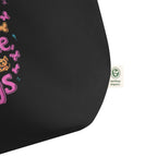black tote bag close up fabric detail less people more dogs print certified organic label streetwear accessory