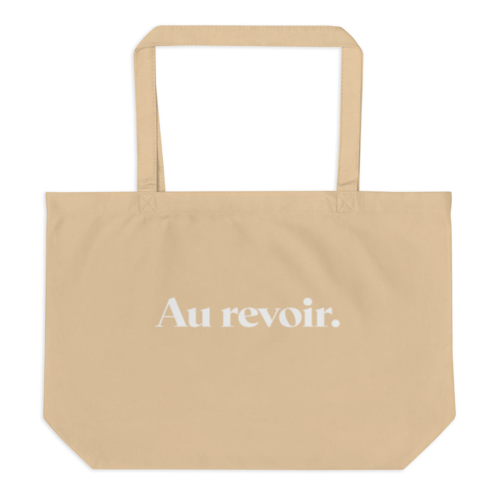 product back view beige tote bag au revoir typography design streetwear fashion