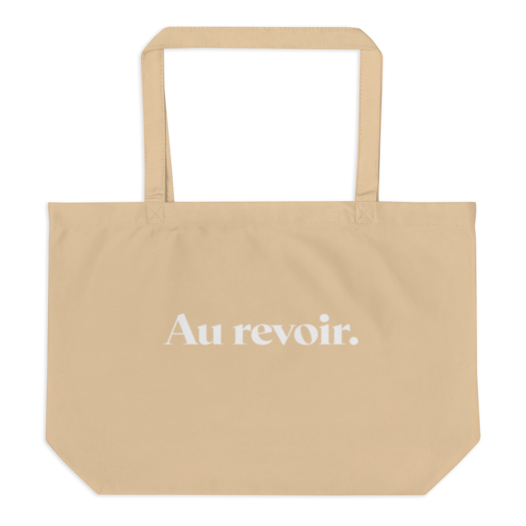 product back view beige tote bag au revoir typography design streetwear fashion