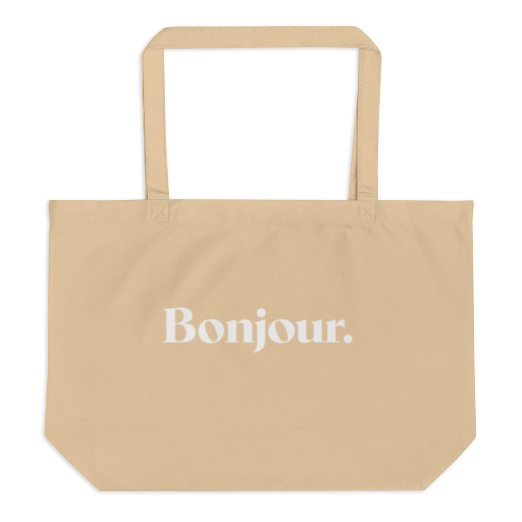 product front view beige tote bag bonjour typography design streetwear fashion