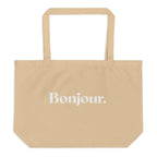 product front view beige tote bag bonjour typography design streetwear fashion